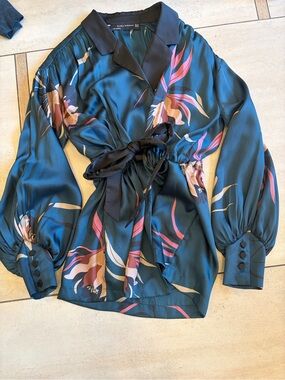 Zara Teal Floral Wrap Blouse with Black Collar with matching trouser set!
